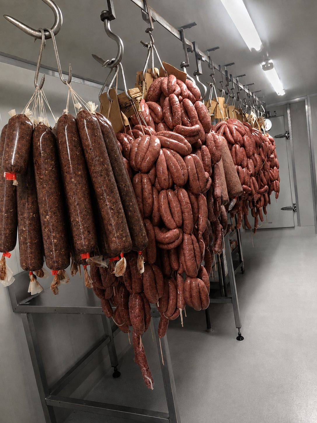 Strings of freshly made sausages and bagged mince hanging on rails in the Mr Meat Man chiller.