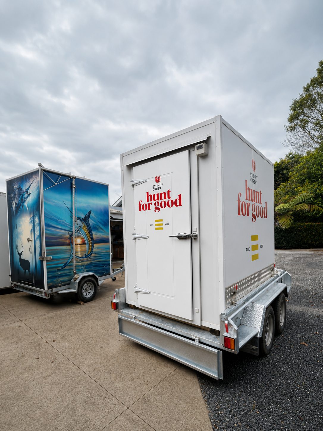 The branded Hunt for Good refrigerated trailer parked outside the Mr Meat Man premises.