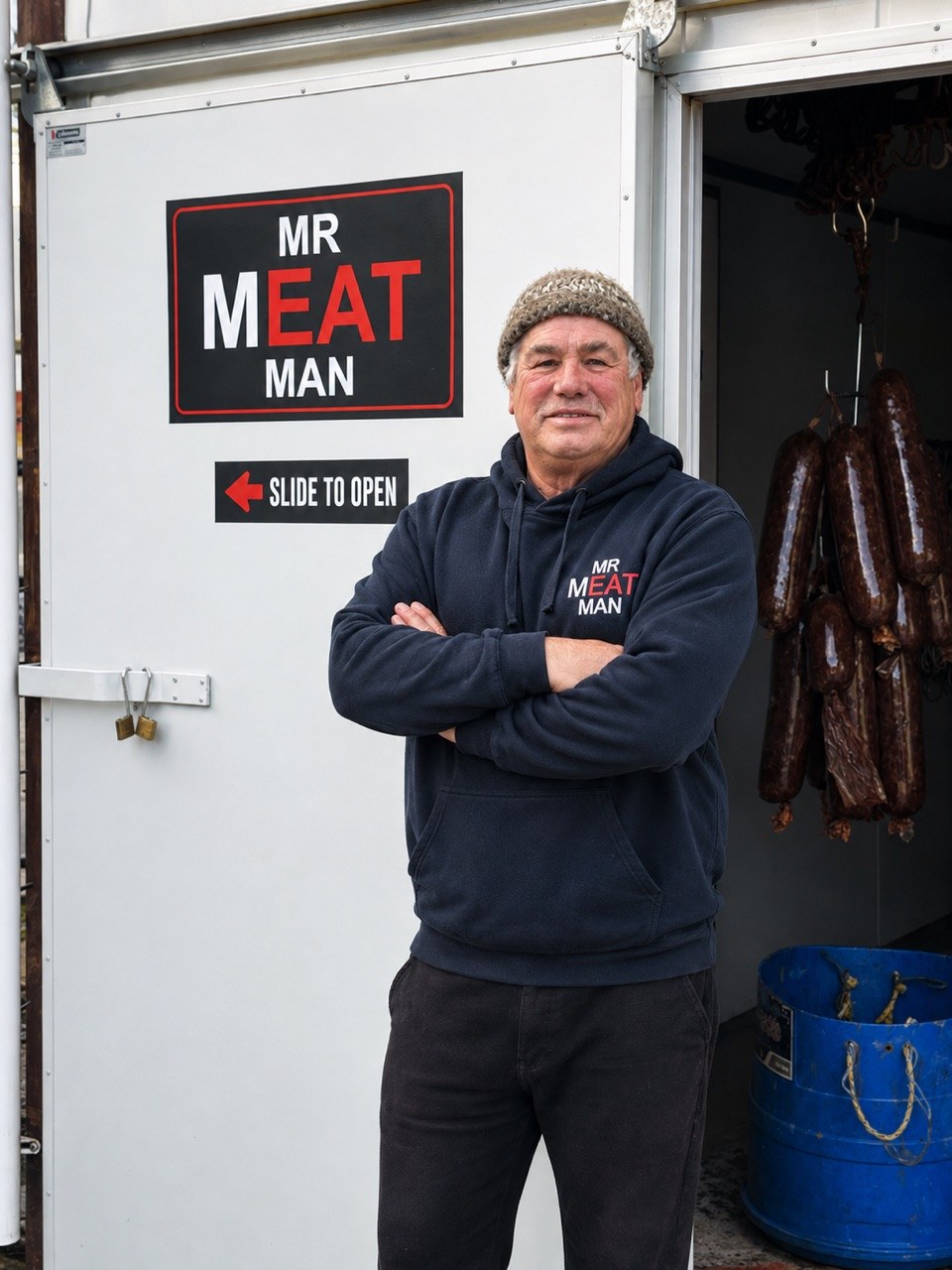 Mr Meat Man (Bruce Richards) at his Oropi chiller in the Bay of Plenty