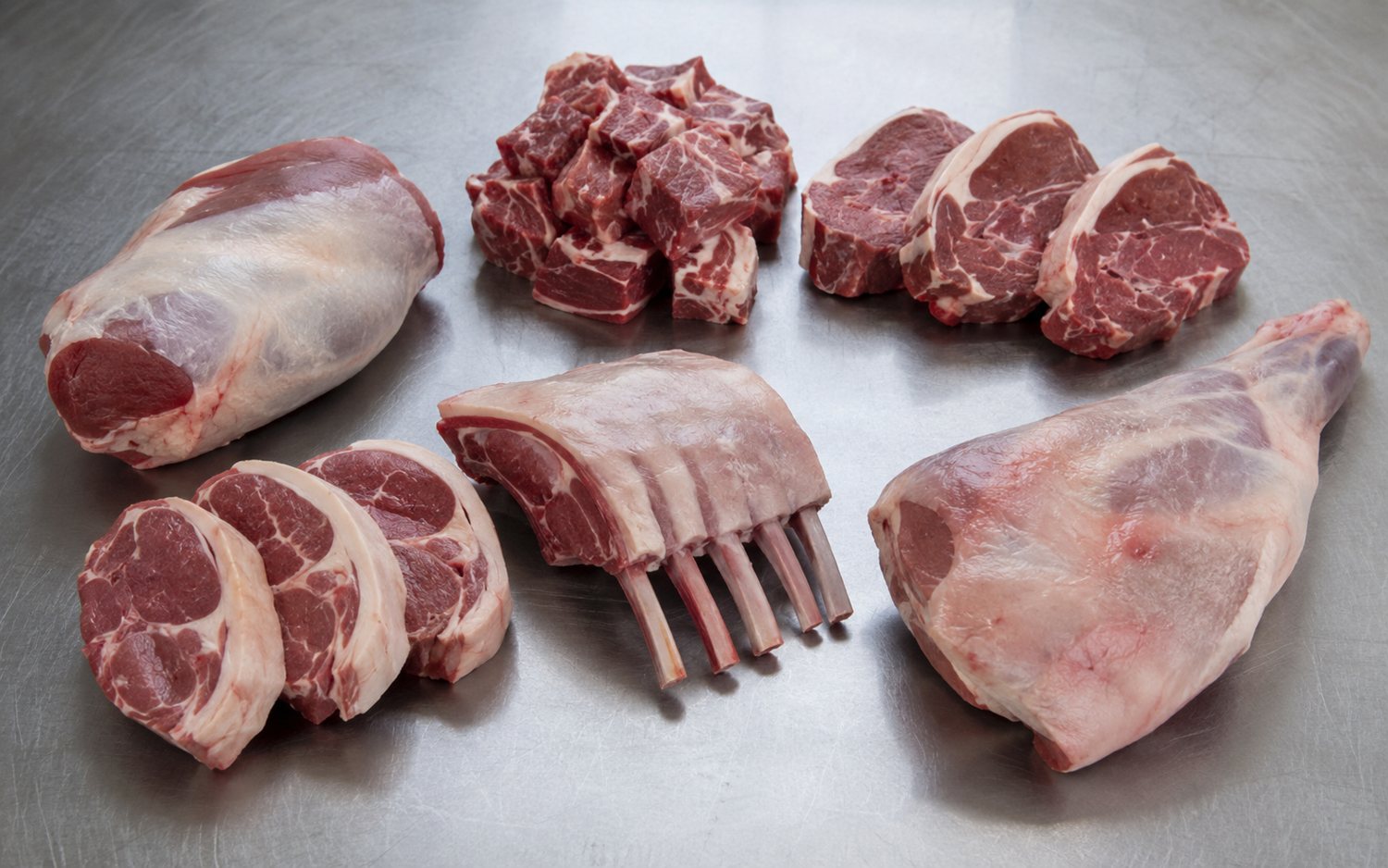 Lamb and mutton cuts laid out