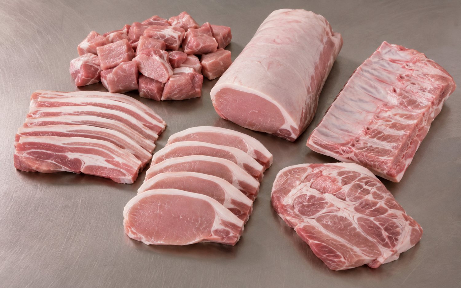 Pork cuts laid out