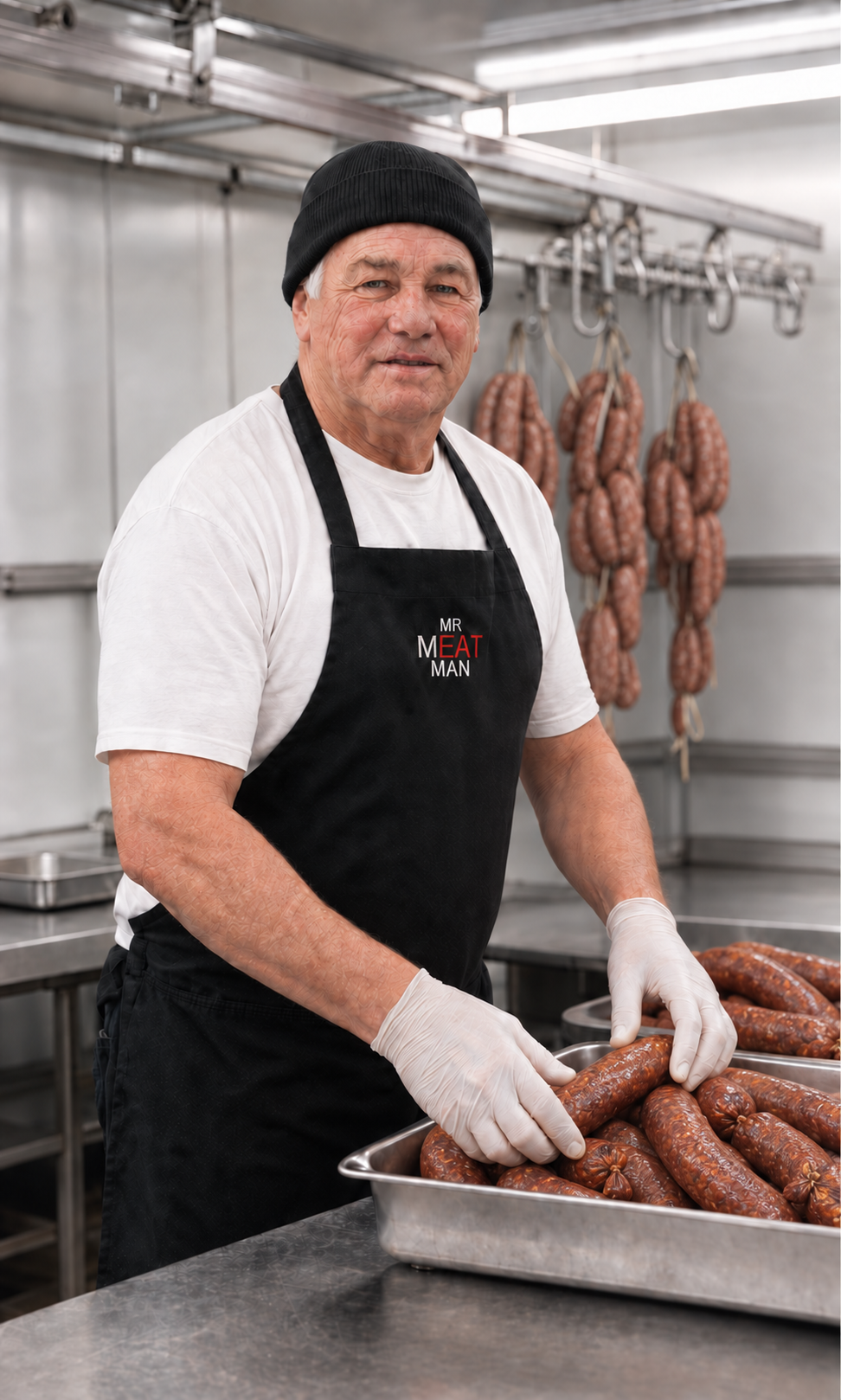 Bruce Richards in a Mr Meat Man apron, handling sausages in his processing room