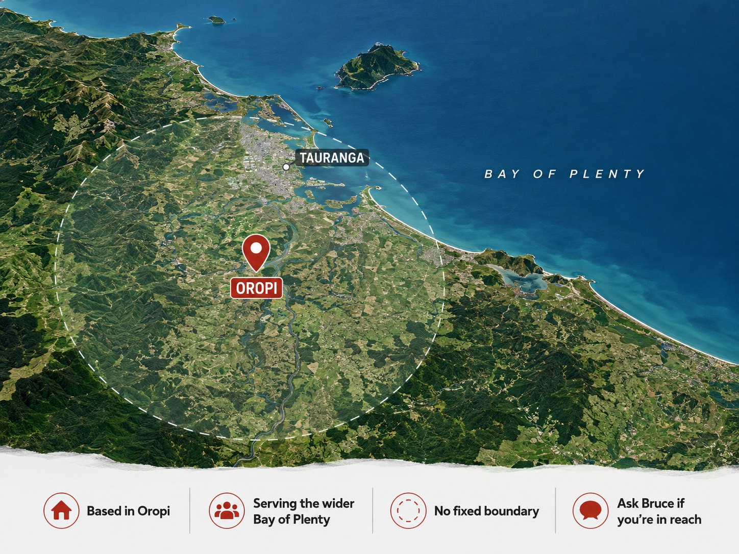 Map of the Bay of Plenty showing Oropi, where Mr Meat Man is based, and Tauranga for reference, with an indicative service reach. No fixed boundary — ask Mr Meat Man if you're in reach.